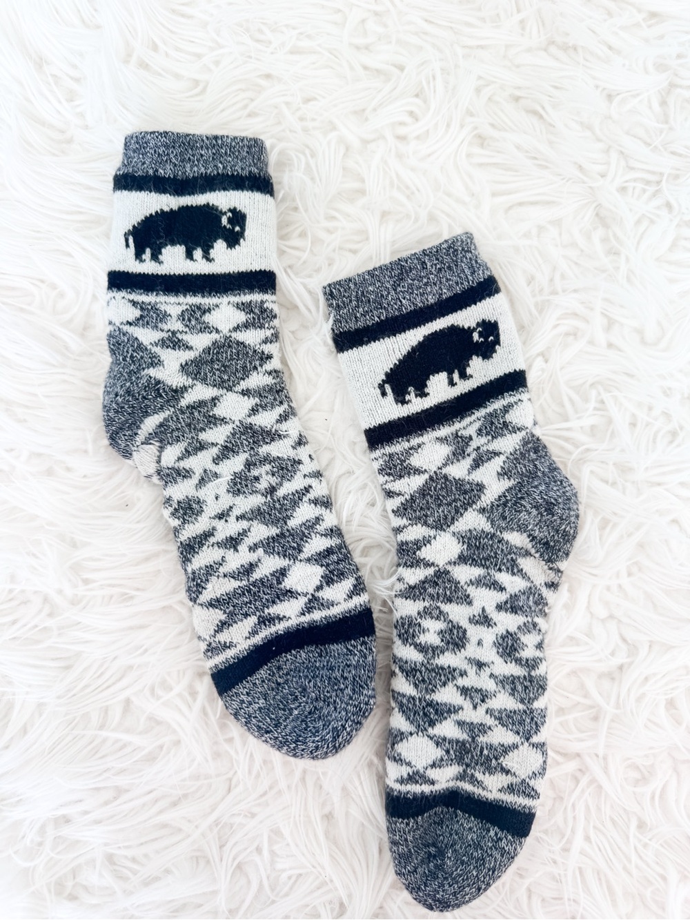 Buffalo Print Cozy Cabin Crew Socks Gray & Ivory Fleece Lined